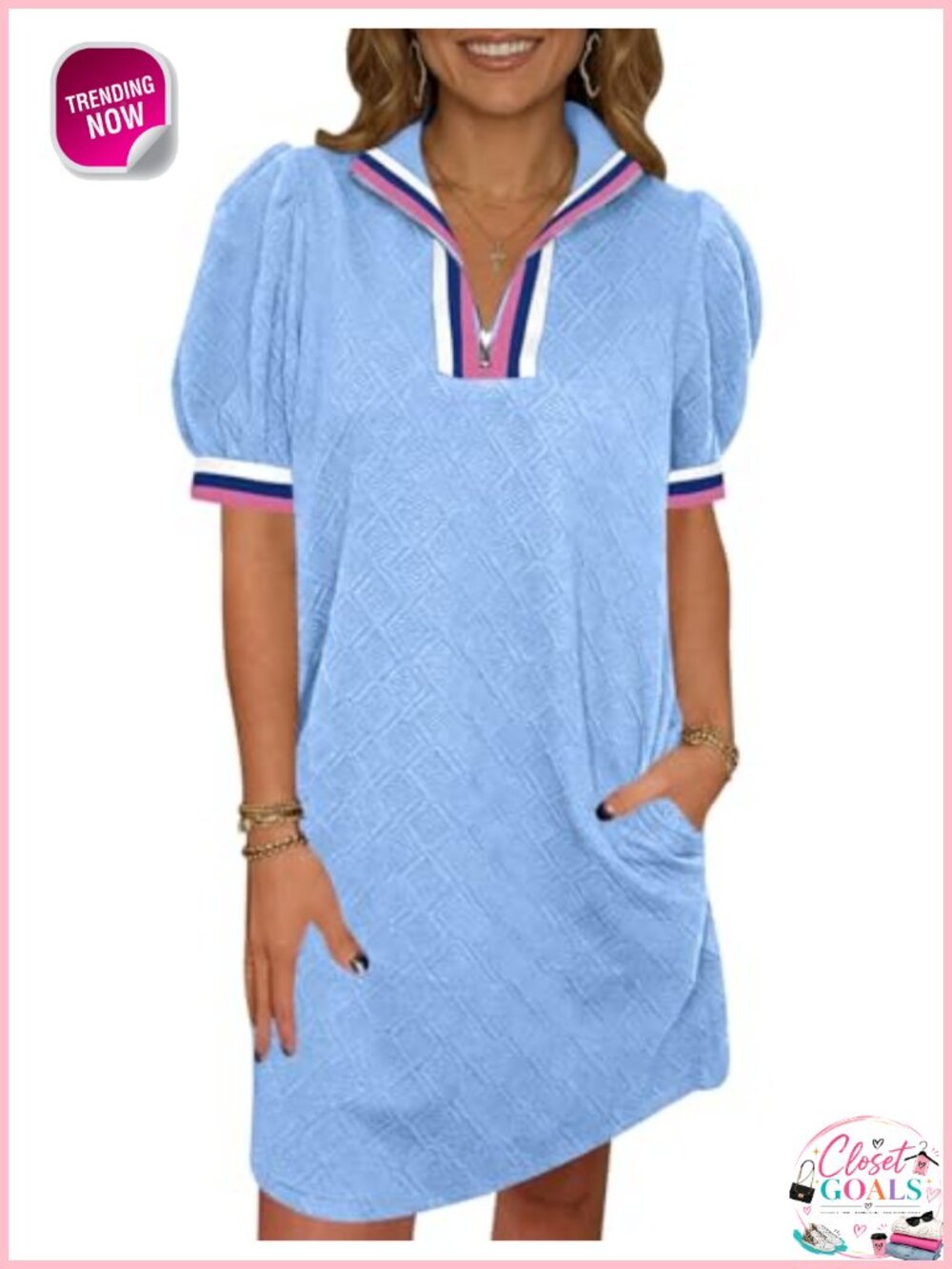Womens Summer Puff Short Sleeve Mini Dress Quarter Zip V Neck Textured Loose